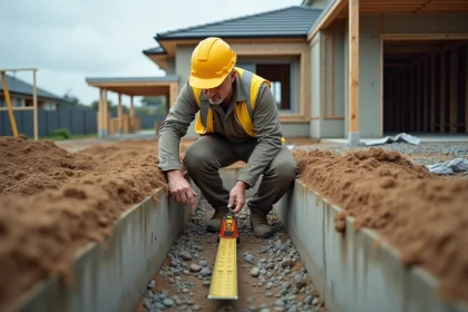 Ingénieur inspectant les fondations en béton d'une maison individuelle en construction sur un chantier résidentiel