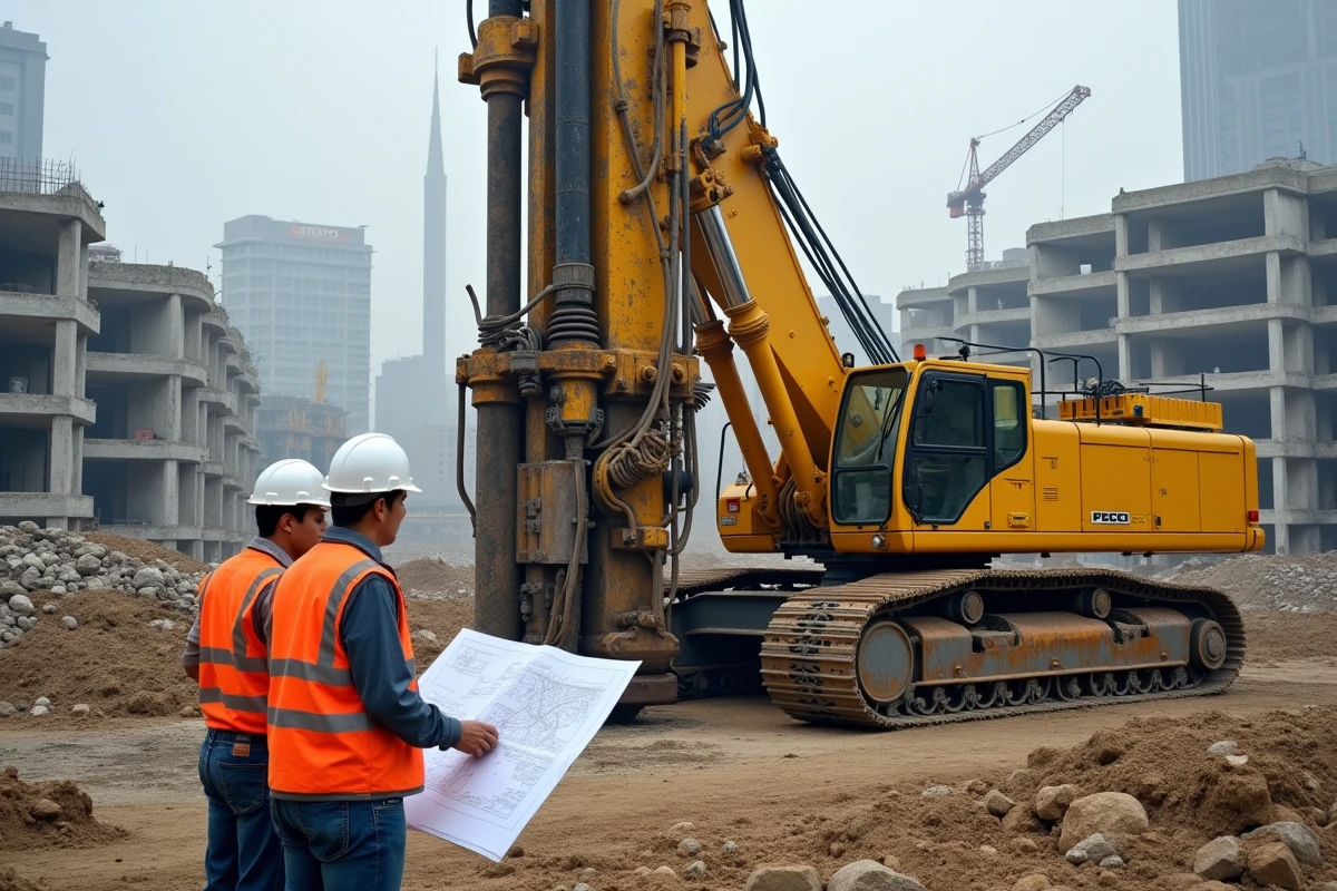 Chantier urbain avec installation de fondations profondes sur pieux pour un immeuble résidentiel multi-étages