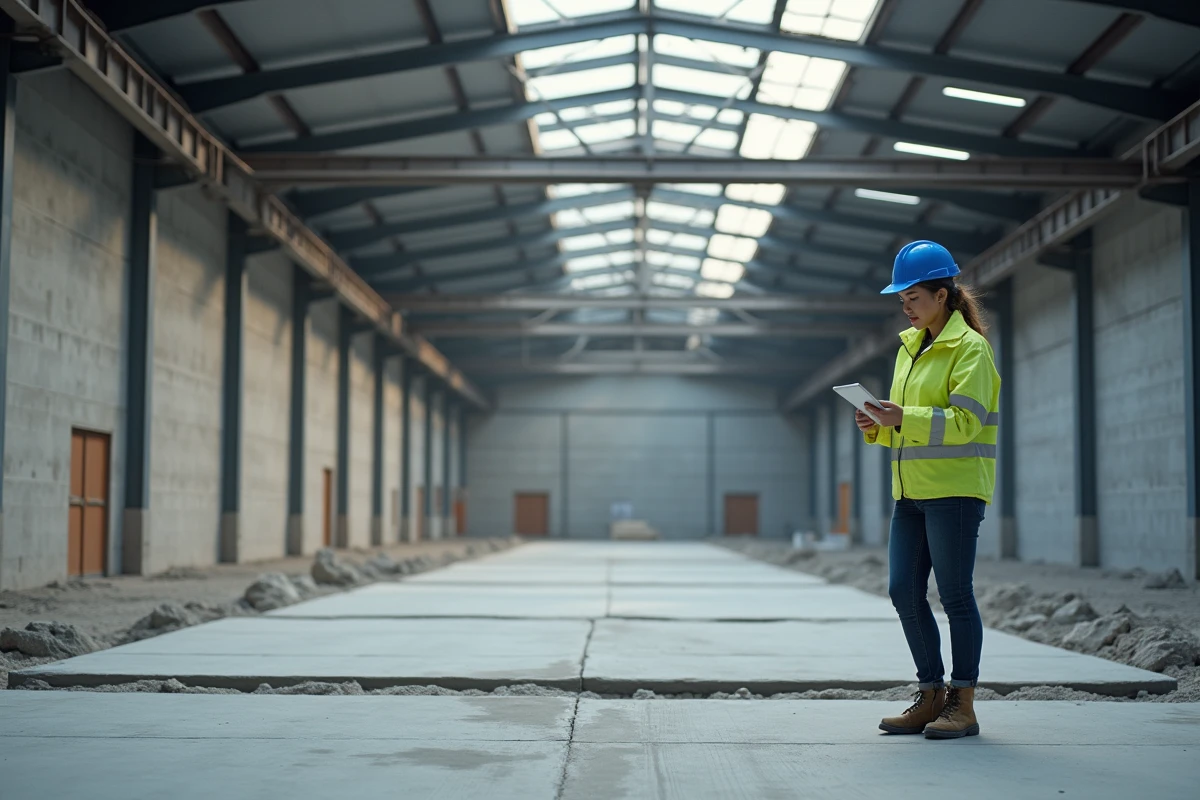 Ingénieure structurelle inspectant une dalle de fondation en radier dans un bâtiment industriel en construction