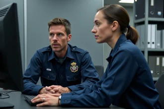 Formateur pompier expliquant le logiciel Iris SDIS à une nouvelle recrue devant un écran d'ordinateur dans une salle de formation de caserne