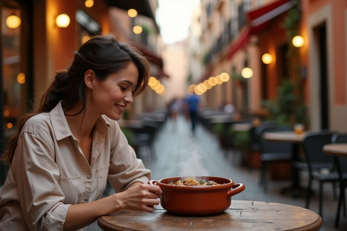 Femme savourant un cassoulet traditionnel en terrasse dans le centre historique de Toulouse lors d'une soirée nocturne