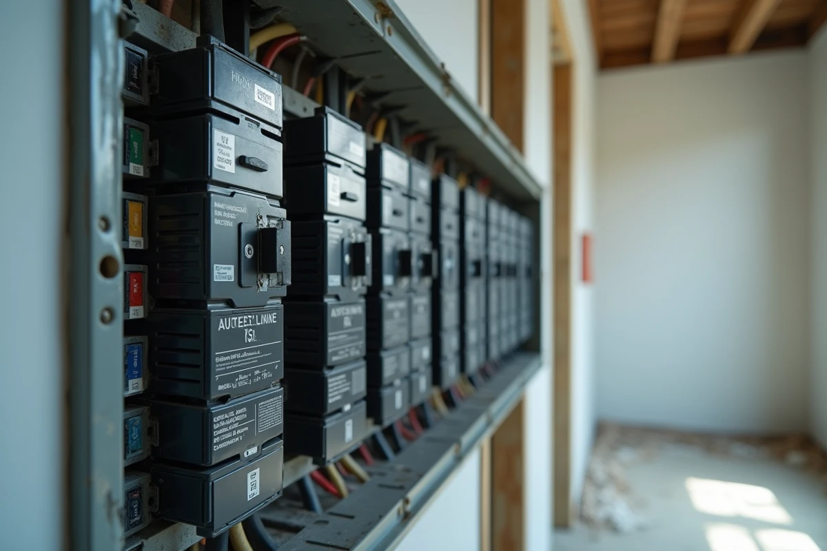 Gros plan sur un tableau disjoncteur triphasé avec différents calibres et étiquettes lors d'une rénovation électrique
