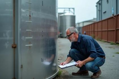 Ingénieur mesurant un réservoir cubique industriel pour convertir les mètres cubes en litres