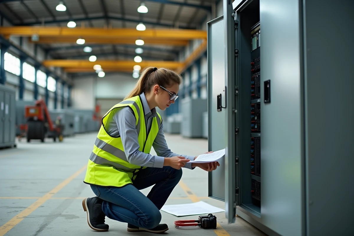 Ingénieure électricienne consultant une documentation technique devant un coffret triphasé dans un atelier industriel en rénovation