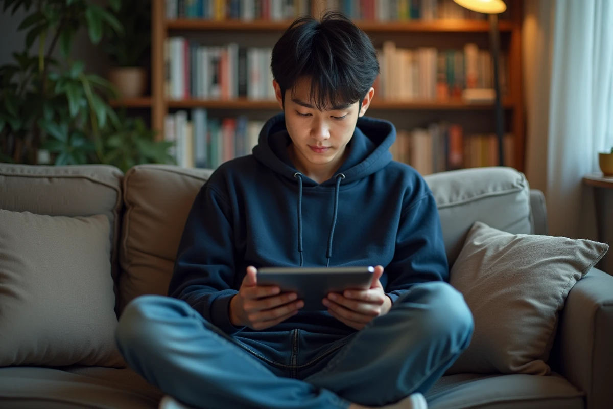 Jeune homme consultant une application légale de lecture de manga sur tablette dans son salon