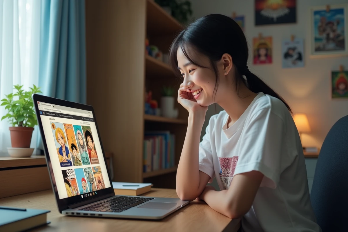 Adolescente lisant un manga One Piece légalement en ligne sur ordinateur portable dans sa chambre