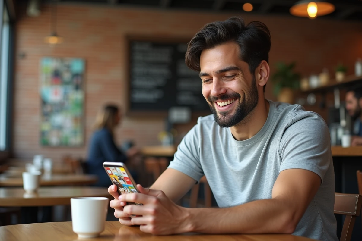Homme lisant One Piece sur smartphone dans un café, illustration de la lecture légale de manga en ligne