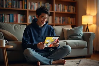 Jeune homme lisant One Piece en ligne sur une tablette dans son salon, entouré de volumes manga