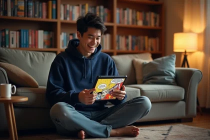 Jeune homme lisant One Piece en ligne sur une tablette dans son salon, entouré de volumes manga
