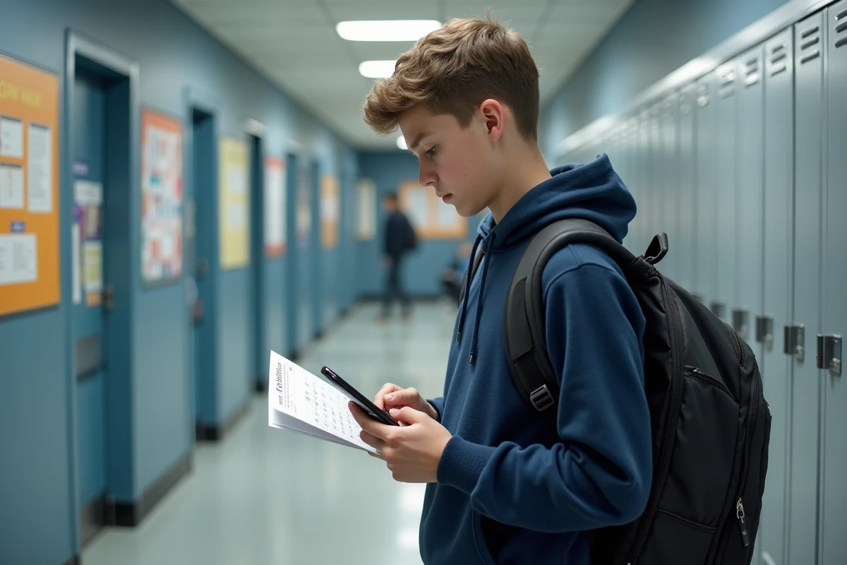 Adolescent consultant son calendrier scolaire semaine impaire dans un couloir de lycée en 2026