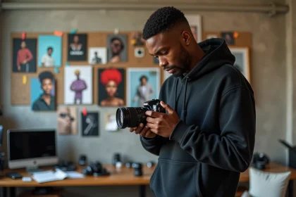Photographe créatif consultant ses clichés dans un studio urbain décoré de visuels inspirés de la culture Afro-pop