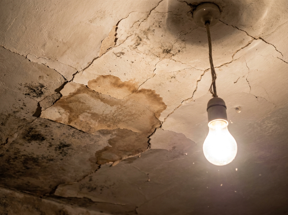 Plafond taché par une infiltration d'eau dans un appartement