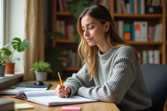 Jeune femme consultant un planning scolaire papier sur un bureau en bois, semaine impaire organisée pour l'année 2026