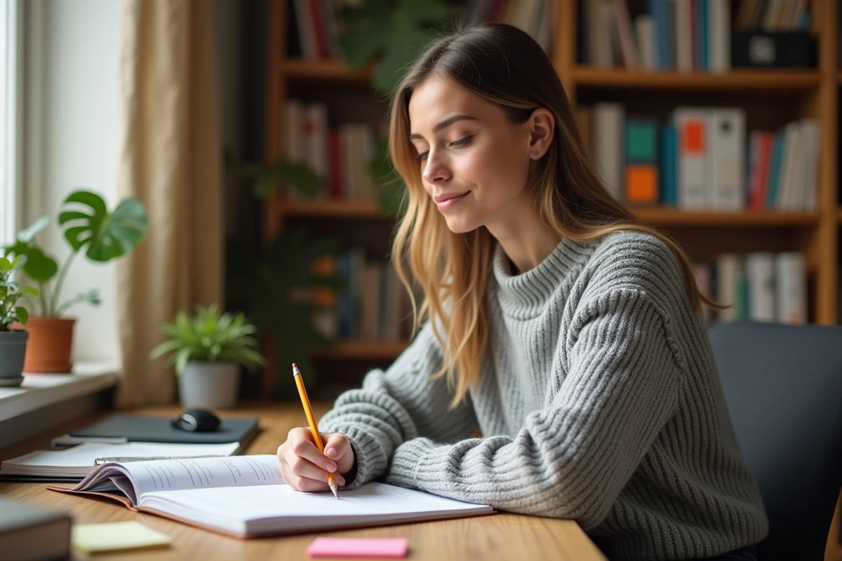 Jeune femme consultant un planning scolaire papier sur un bureau en bois, semaine impaire organisée pour l'année 2026