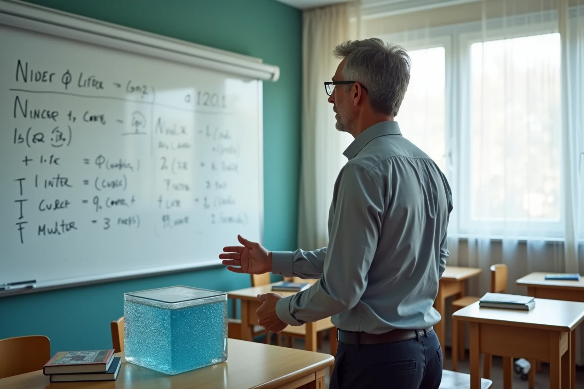 Professeur expliquant la conversion des mètres cubes en litres au tableau dans une salle de classe