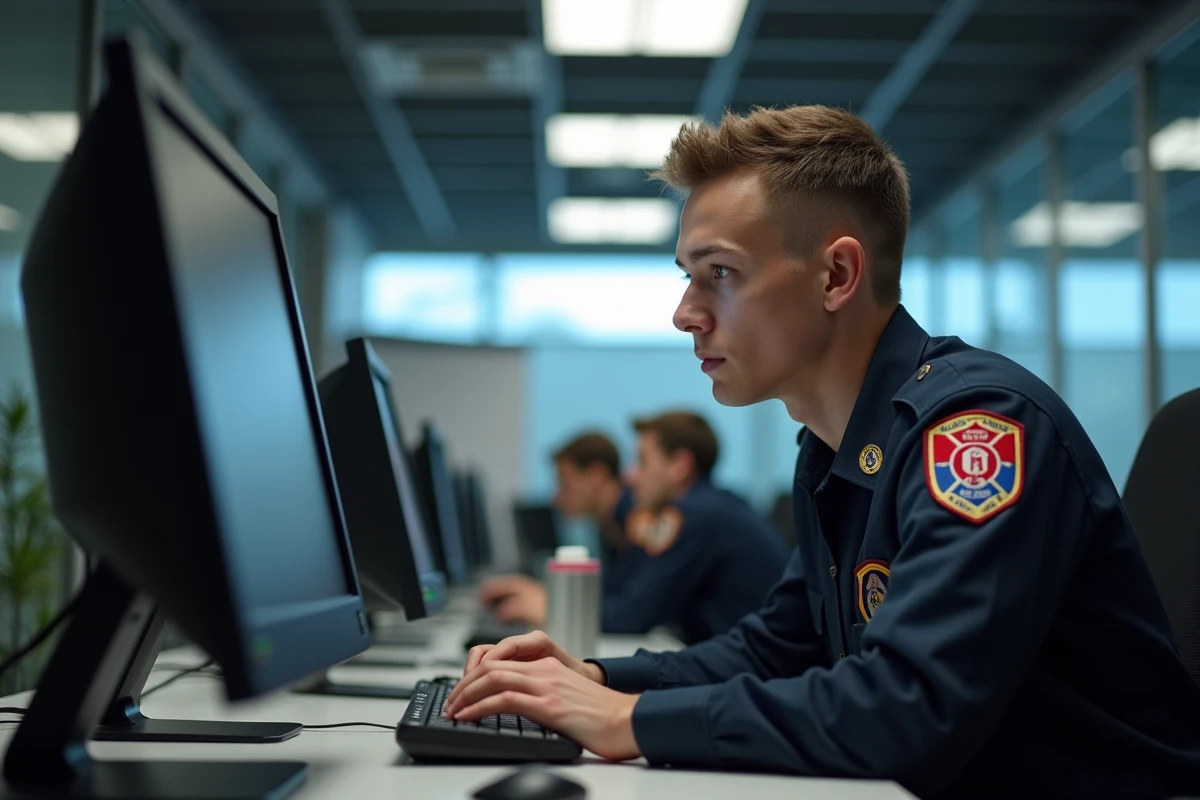 Nouvelle recrue du SDIS 02 en autoformation sur le logiciel Iris dans un bureau administratif de caserne