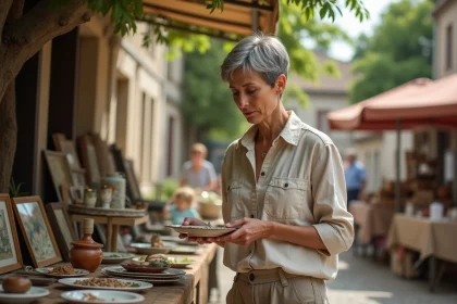 Femme examinant une assiette ancienne sur un stand de vide-greniers en Lot-et-Garonne