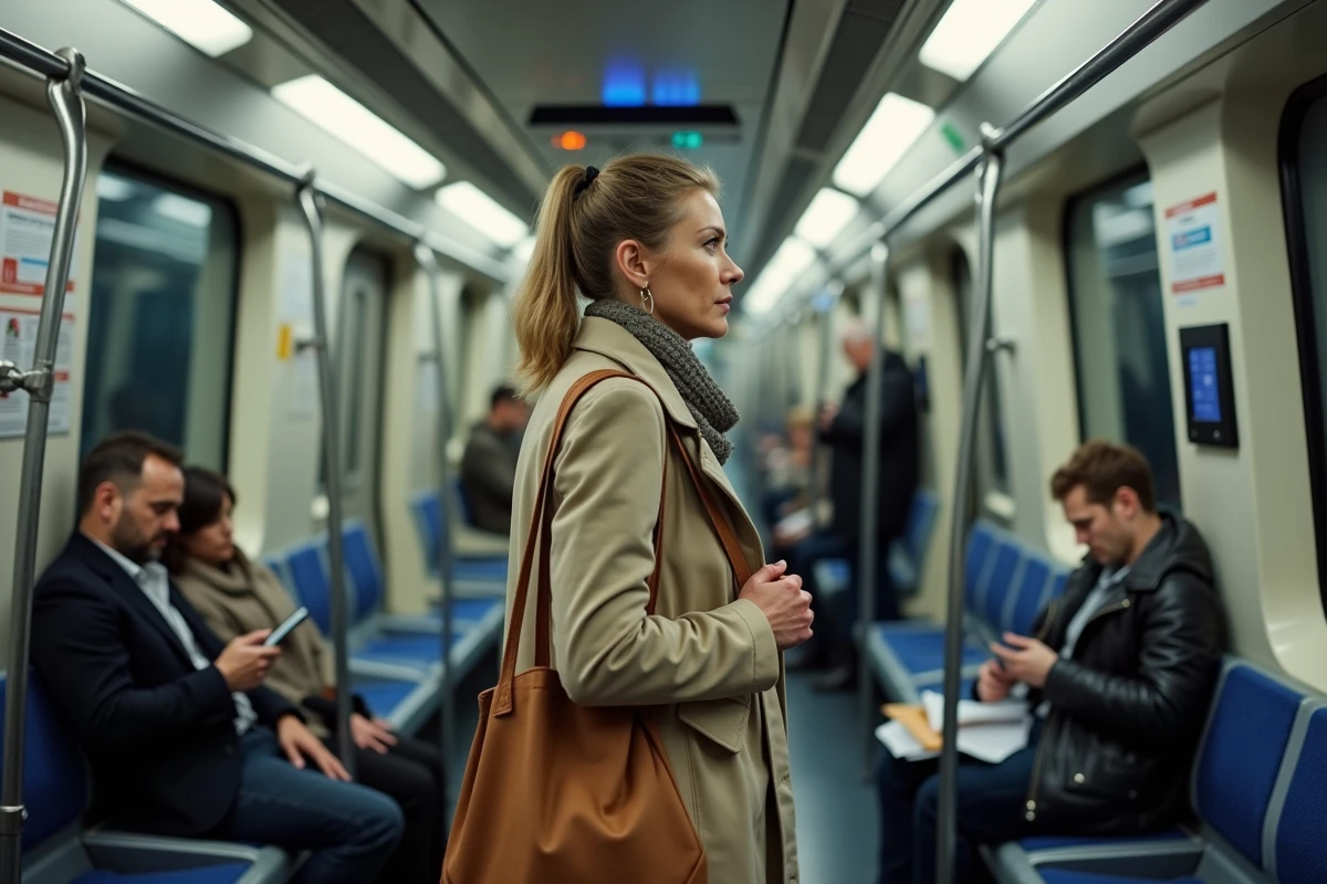 Femme en manteau beige dans un wagon de métro lyonnais regardant l'affichage des prochaines stations