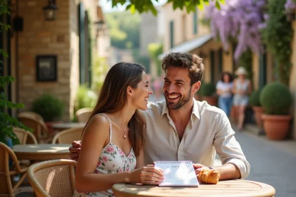 Couple attablé en terrasse de café en Provence consultant un calendrier de mai 2026 lors d'un week-end prolongé