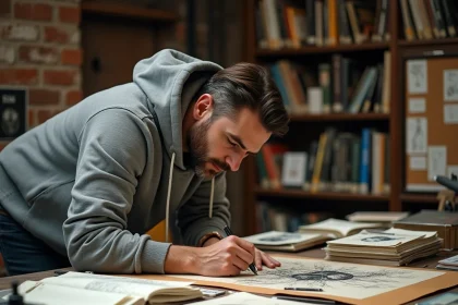 Artiste de comics dessinant des esquisses de super-vilains Spider-Man dans un studio créatif encombré