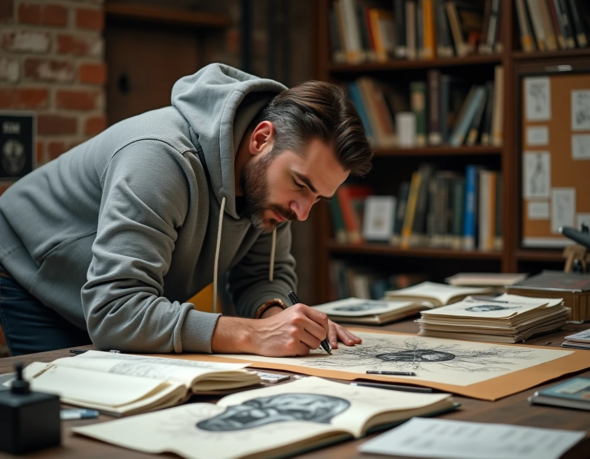 Artiste de comics dessinant des esquisses de super-vilains Spider-Man dans un studio créatif encombré