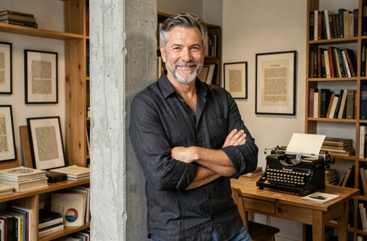 Portrait d'un auteur et humoriste français dans son studio créatif, dans l'univers de Bruno Gaccio