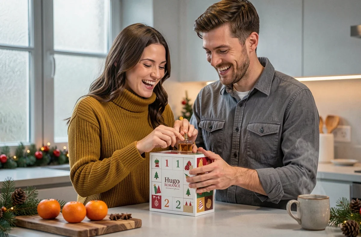 Couple ouvrant ensemble une case du calendrier de l'Avent hugo Romance dans une cuisine décorée pour Noël