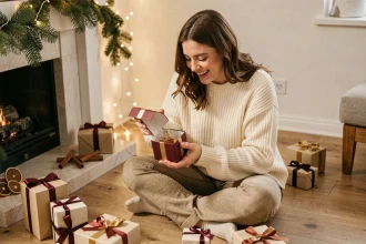 Femme découvrant les surprises d'un calendrier de l'Avent hugo Romance entourée de boîtes dorées et de décor hivernal