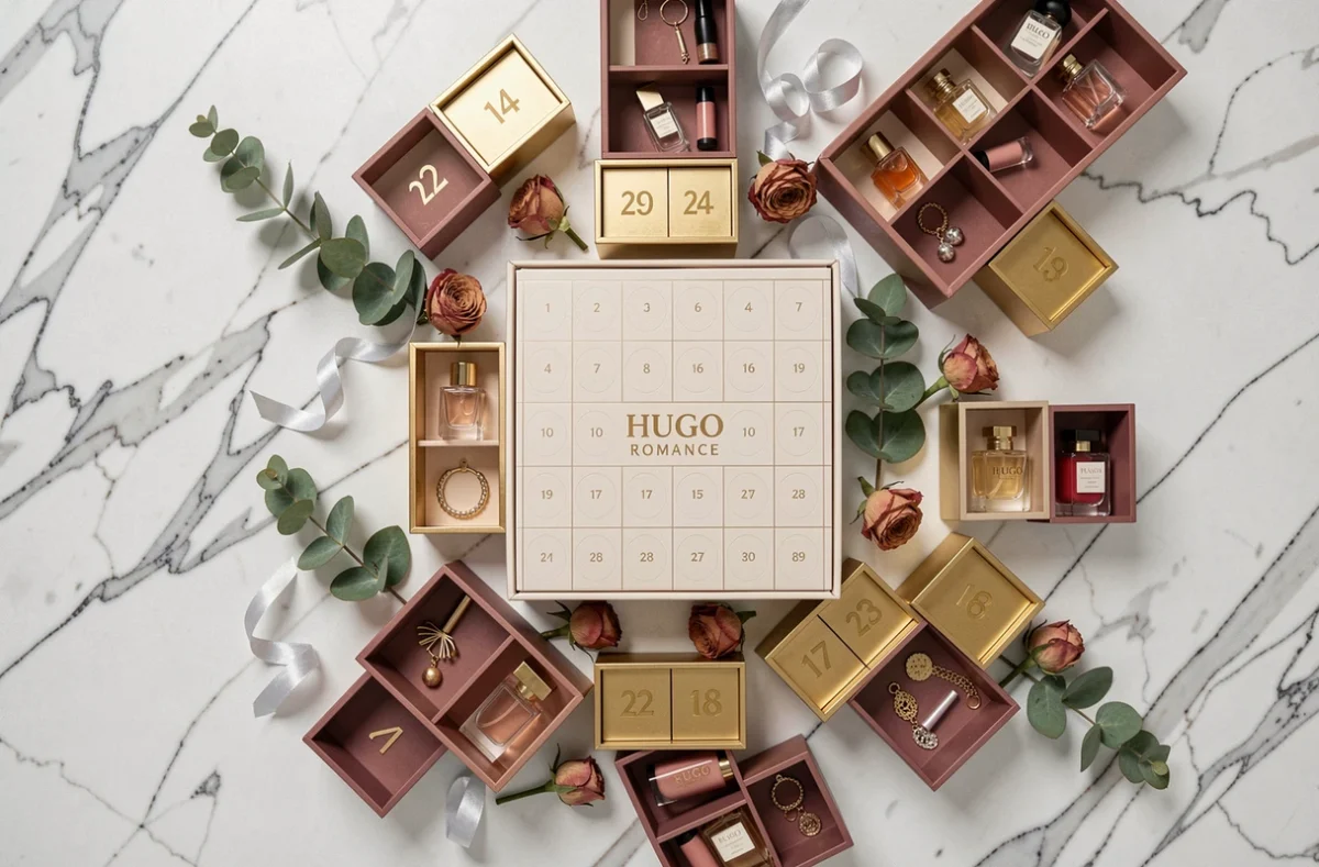 Flat lay du calendrier de l'Avent hugo Romance avec ses 24 cases numérotées et ses surprises beauté disposées sur marbre blanc