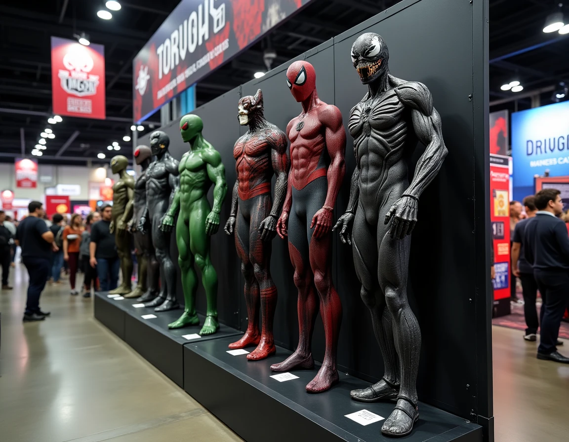 Stand de convention comics avec répliques de super-vilains de Spider-Man dont le Bouffon Vert et Venom