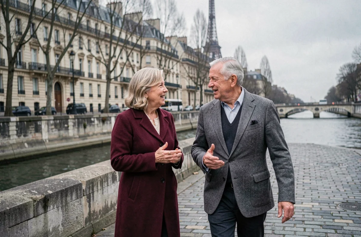 Couple de personnalités françaises se promenant sur les quais de Seine à Paris, illustrant une relation publique fascinante