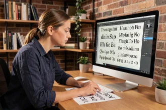 Designer graphique analysant des échantillons de polices de caractères sur un écran dans un studio créatif