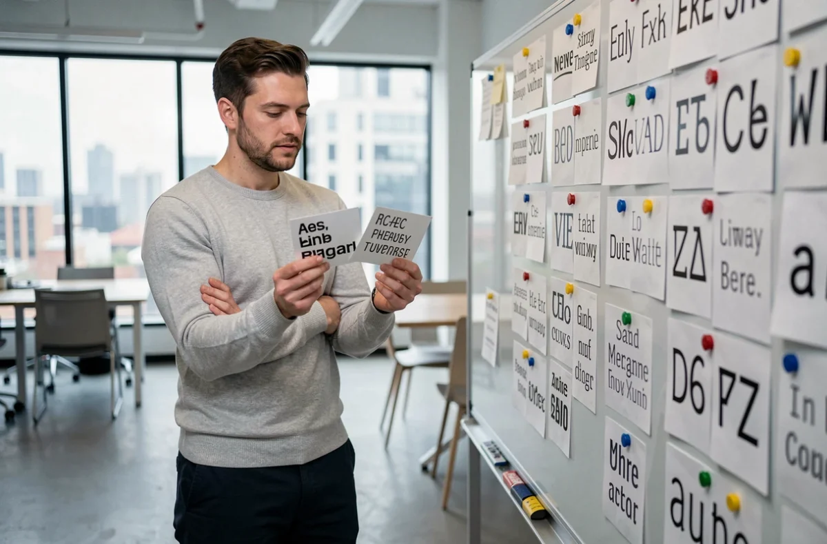 Directeur créatif comparant deux polices de caractères devant un tableau de références typographiques en agence