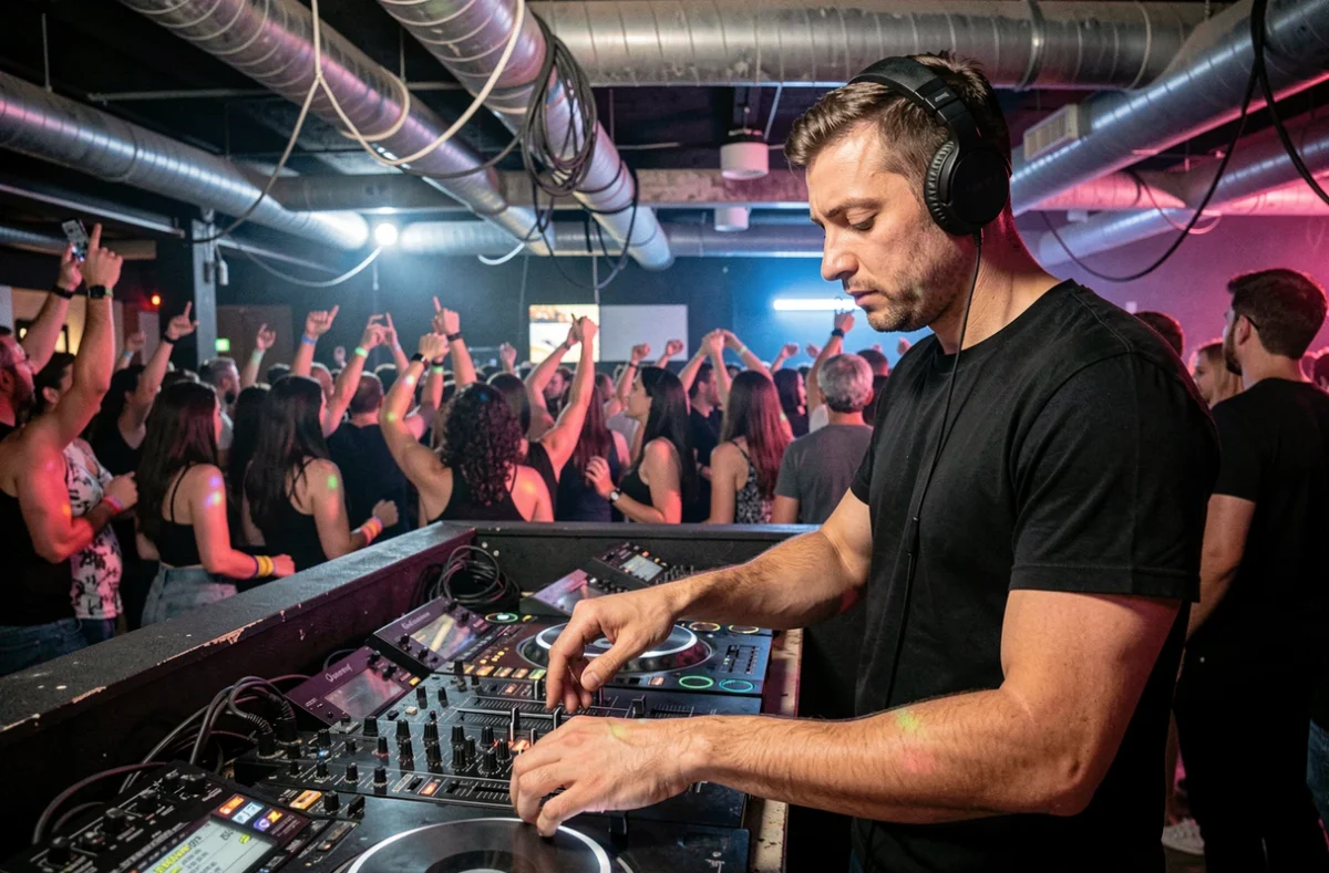 DJ en action dans la cabine d'une boîte de nuit à Perpignan avec la foule en arrière-plan