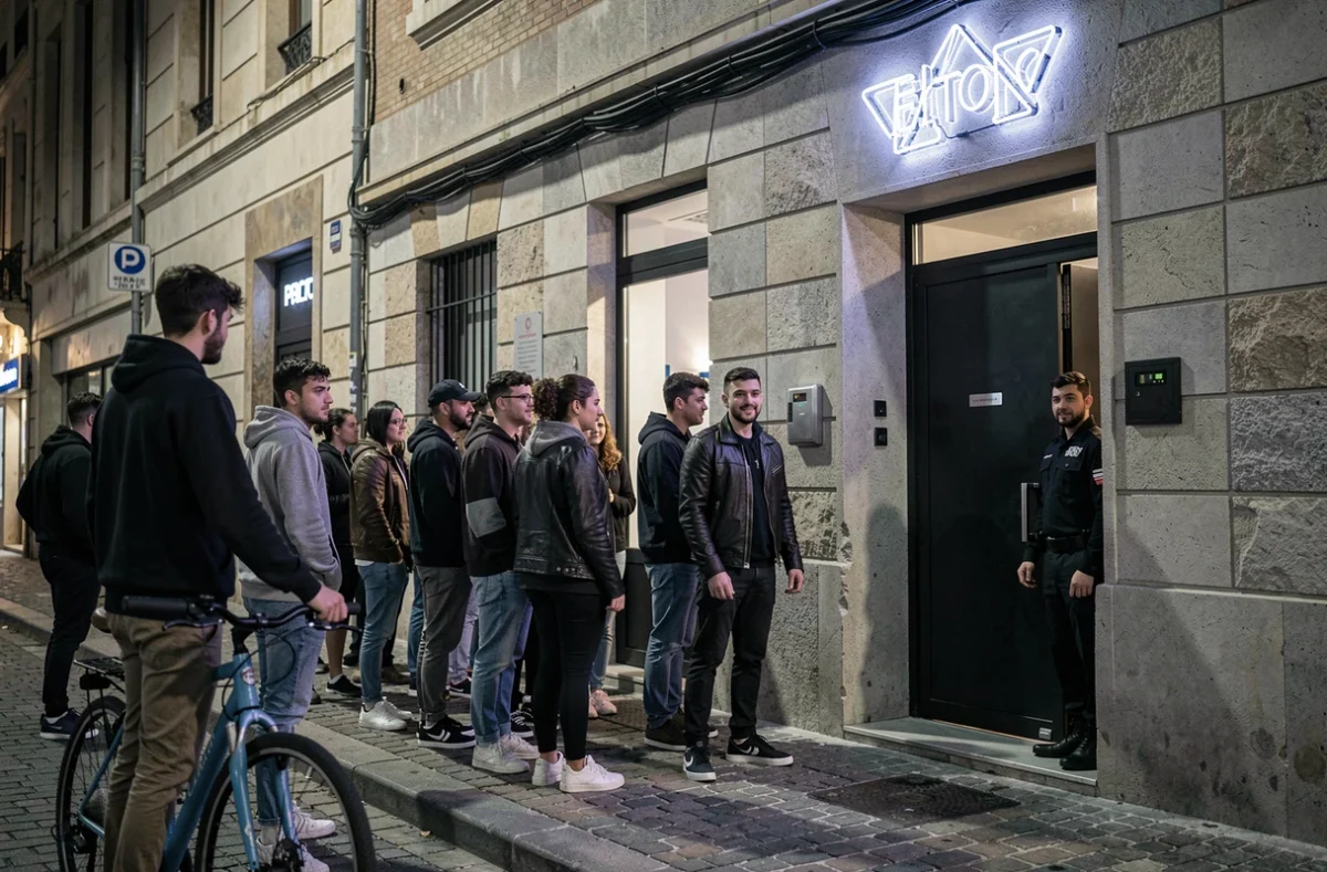 File d'attente devant l'entrée d'une boîte de nuit électro branchée à Perpignan la nuit