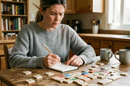 Femme concentrée cherchant des anagrammes sur un carnet entouré de tuiles Scrabble sur une table en bois