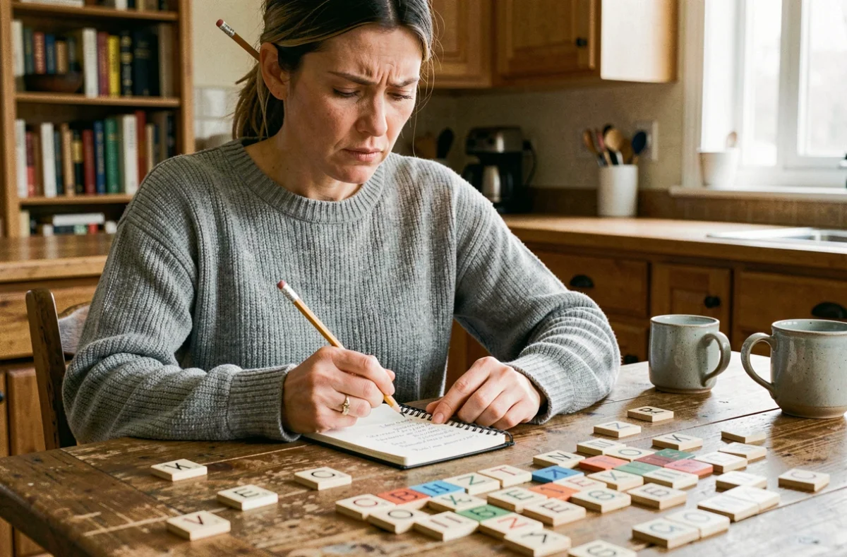 Femme concentrée cherchant des anagrammes sur un carnet entouré de tuiles Scrabble sur une table en bois