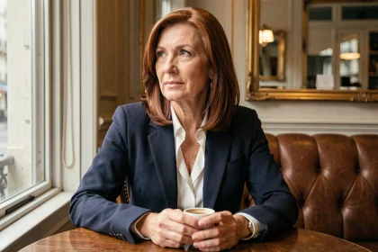Portrait élégant d'une femme politique française dans un café parisien, évoquant l'univers de Ségolène Royal