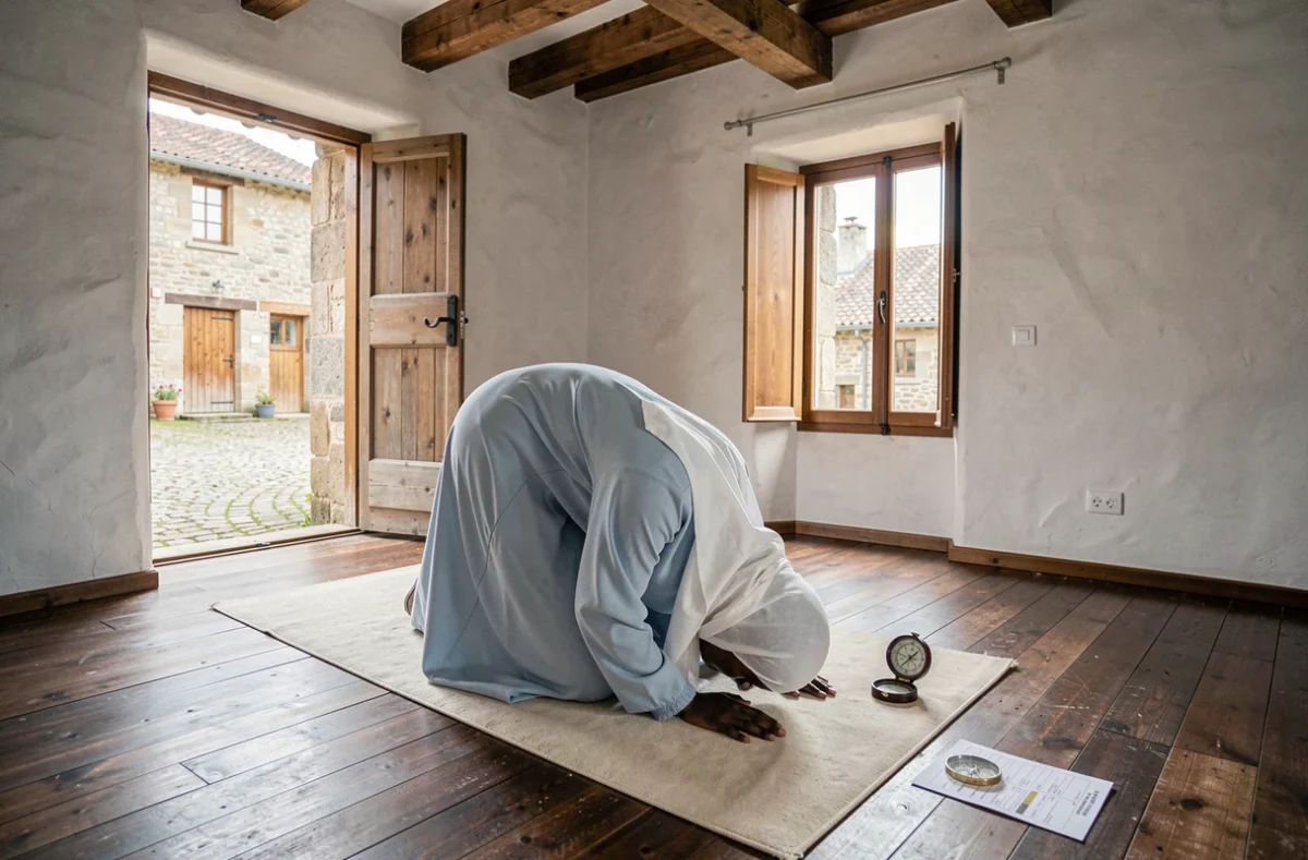 Femme en abaya bleue en position de prosternation dans une salle communautaire en Auvergne