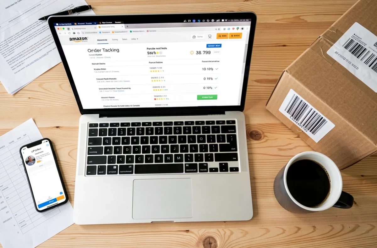 Vue aérienne d'un bureau avec laptop affichant le suivi Amazon, smartphone avec application LP Collect et colis