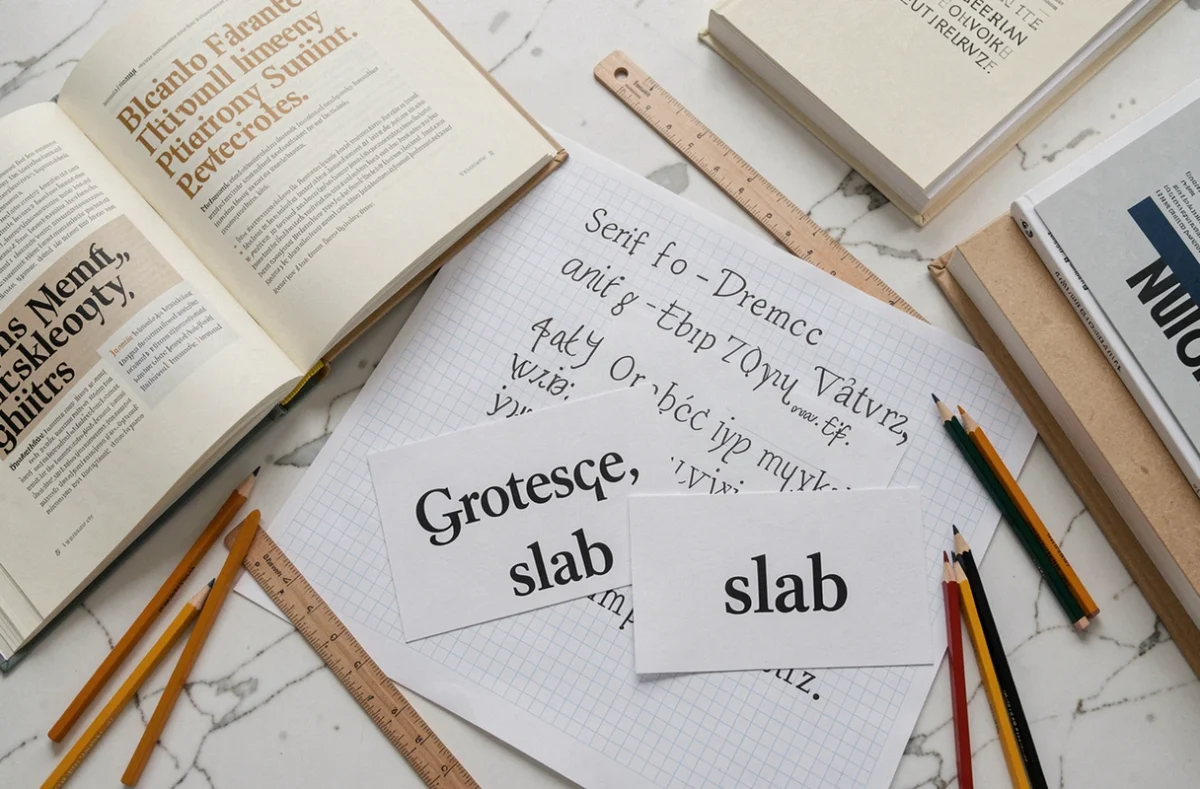 Flat lay de livres de typographie, guides de style et esquisses de polices pour une identité de marque