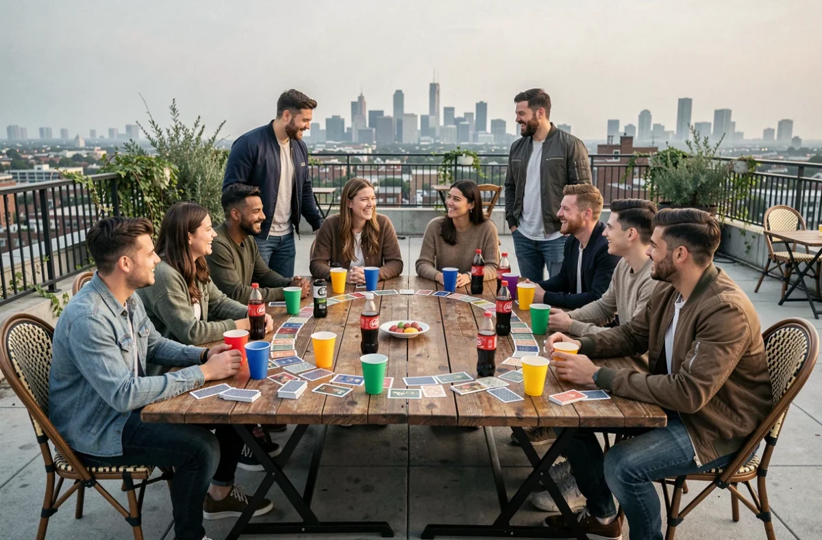 Grande bande d'amis jouant au jeu du Palmier alcool sur un rooftop urbain avec des cartes et des verres répartis sur deux tables