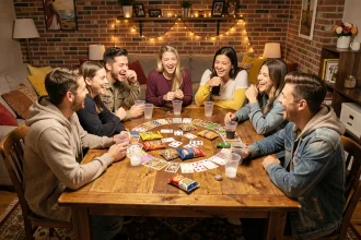 Groupe de jeunes adultes jouant au jeu du Palmier alcool autour d'une grande table couverte de cartes et de verres dans un appartement festif