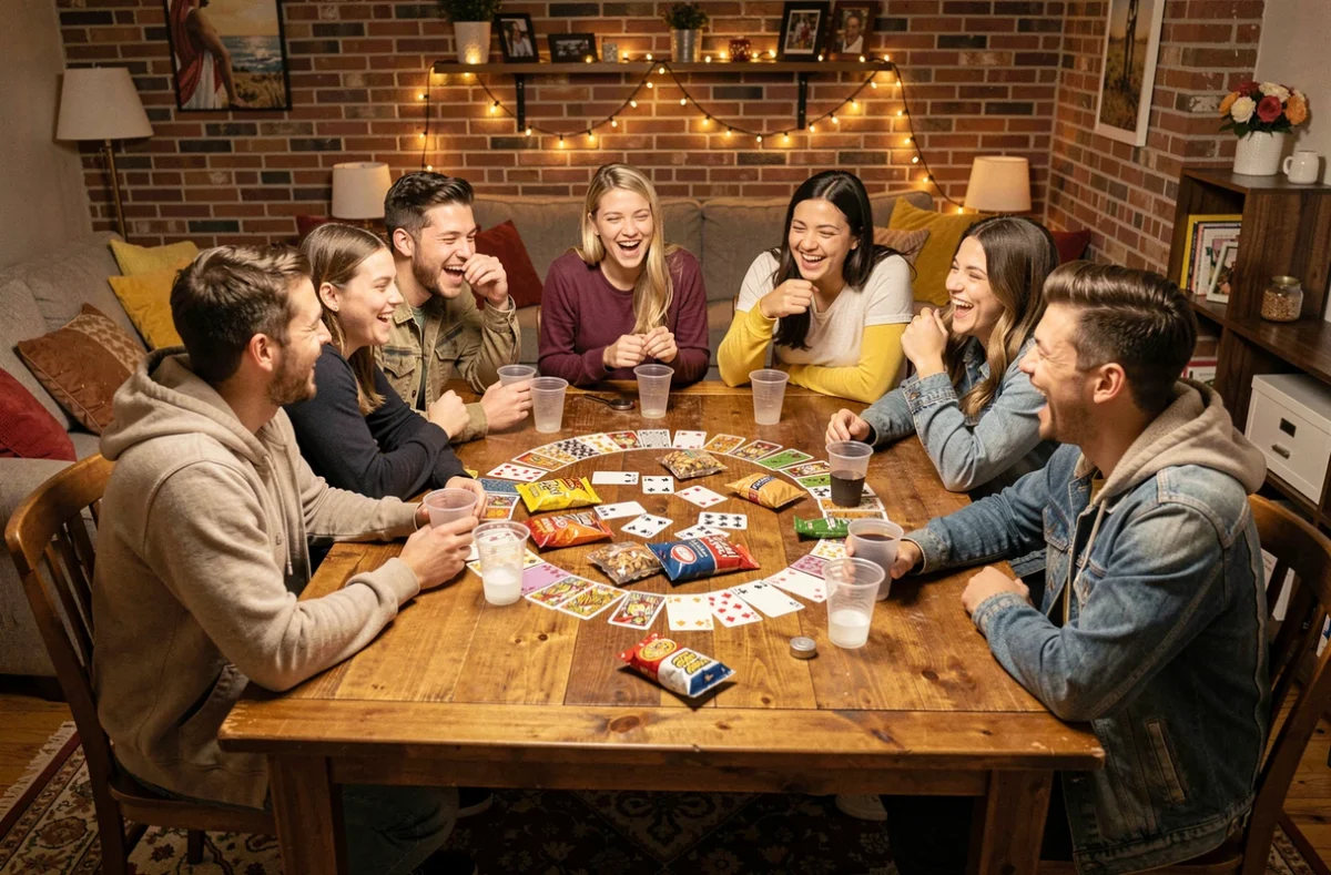 Groupe de jeunes adultes jouant au jeu du Palmier alcool autour d'une grande table couverte de cartes et de verres dans un appartement festif