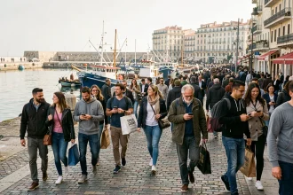 Foule de passants de différentes origines se promenant sur le Vieux-Port de Marseille, illustrant la diversité démographique de la ville