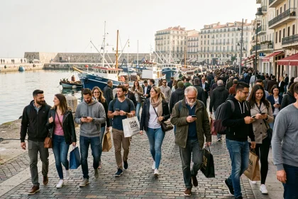 Foule de passants de différentes origines se promenant sur le Vieux-Port de Marseille, illustrant la diversité démographique de la ville