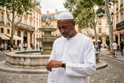 Homme musulman consultant sa montre pour l'heure de la prière dans le centre-ville de Montpellier près de la Place de la Comédie
