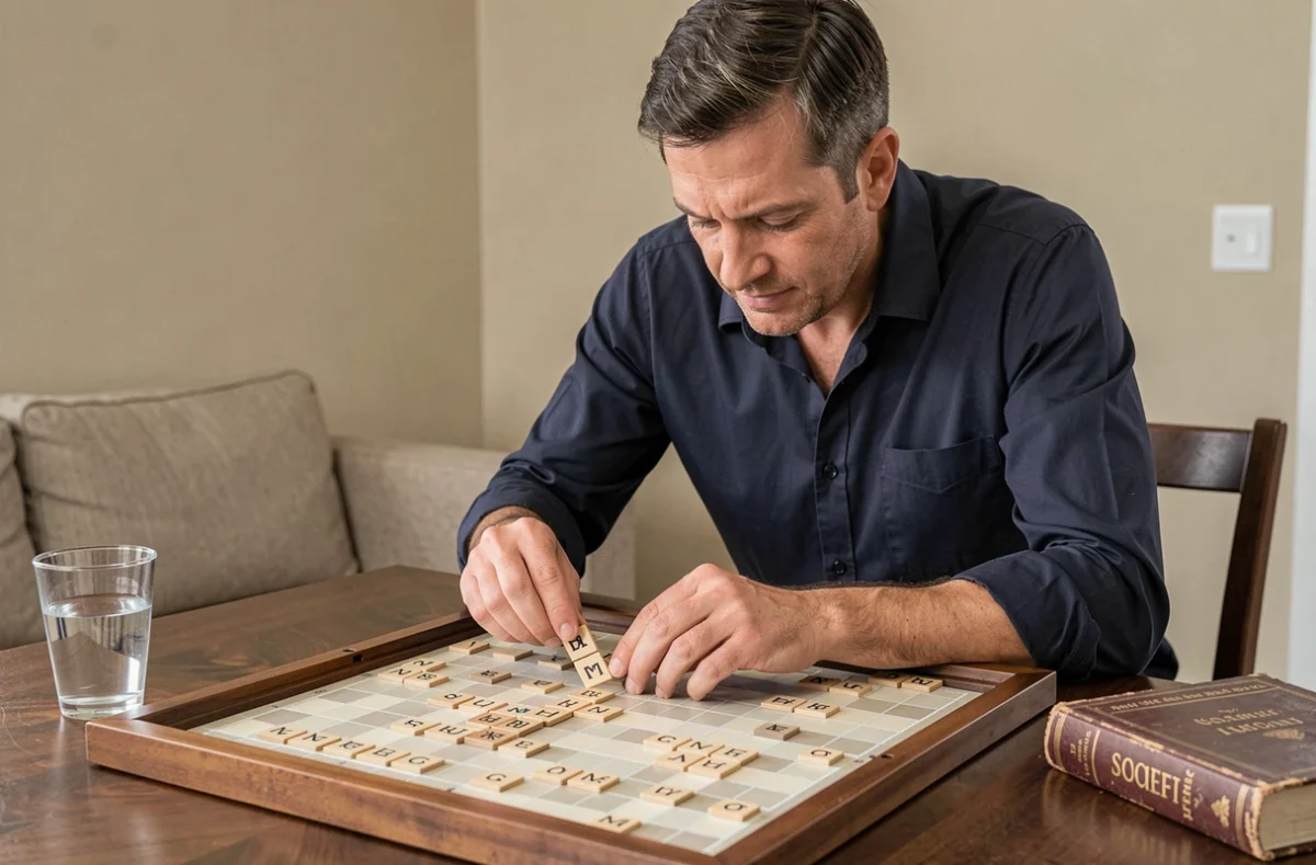 Homme plaçant des tuiles Scrabble sur un plateau pour former un mot avec anagramme stratégique