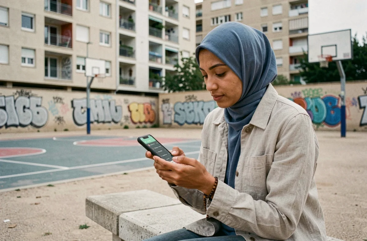 Jeune femme voilée consultant les horaires de prière sur son téléphone dans le quartier de la Mosson à Montpellier