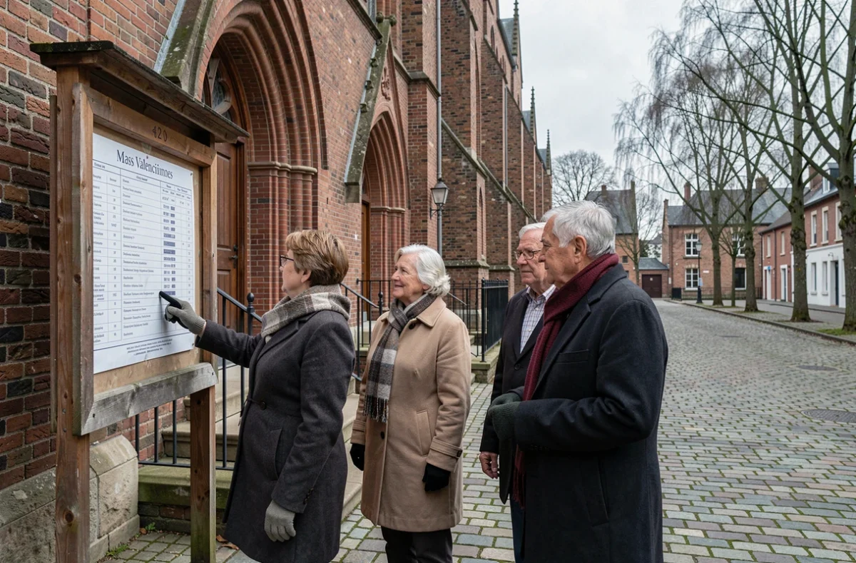 Paroissiens consultant les horaires de messe affichés devant une église gothique de Valenciennes